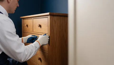 Close-up of a restorer adjusting a wooden drawer in a workshop with a blue wall background.