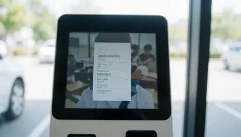 Digital payment kiosk in a parking lot with a visible receipt, blurred cars in the background, and space for advertising text.