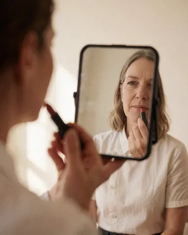 A happy customer applies lipstick while looking into a portable mirror in a bright room with white walls and warm lighting.