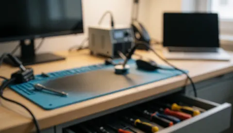 Workbench featuring a soldering station, anti-static mat, and various tools for TV repair services