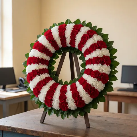 A wreath of red and white carnations displayed on a wooden stand atop a rustic table against a beige wall, suitable for florist product imagery