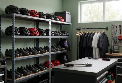 Bicycle storage area featuring helmets and carbon shoes on shelves, with tools and work clothes hanging, illuminated by natural light.