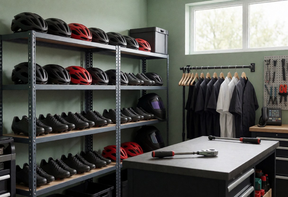 Bicycle storage area featuring helmets and carbon shoes on shelves, with tools and work clothes hanging, illuminated by natural light.