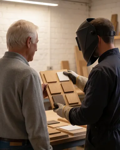 A carpenter displays various wood samples to a customer in a workshop with white brick walls, discussing furniture options.