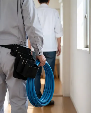 Plumber with tool belt carrying blue PVC pipe down residential hallway with natural light