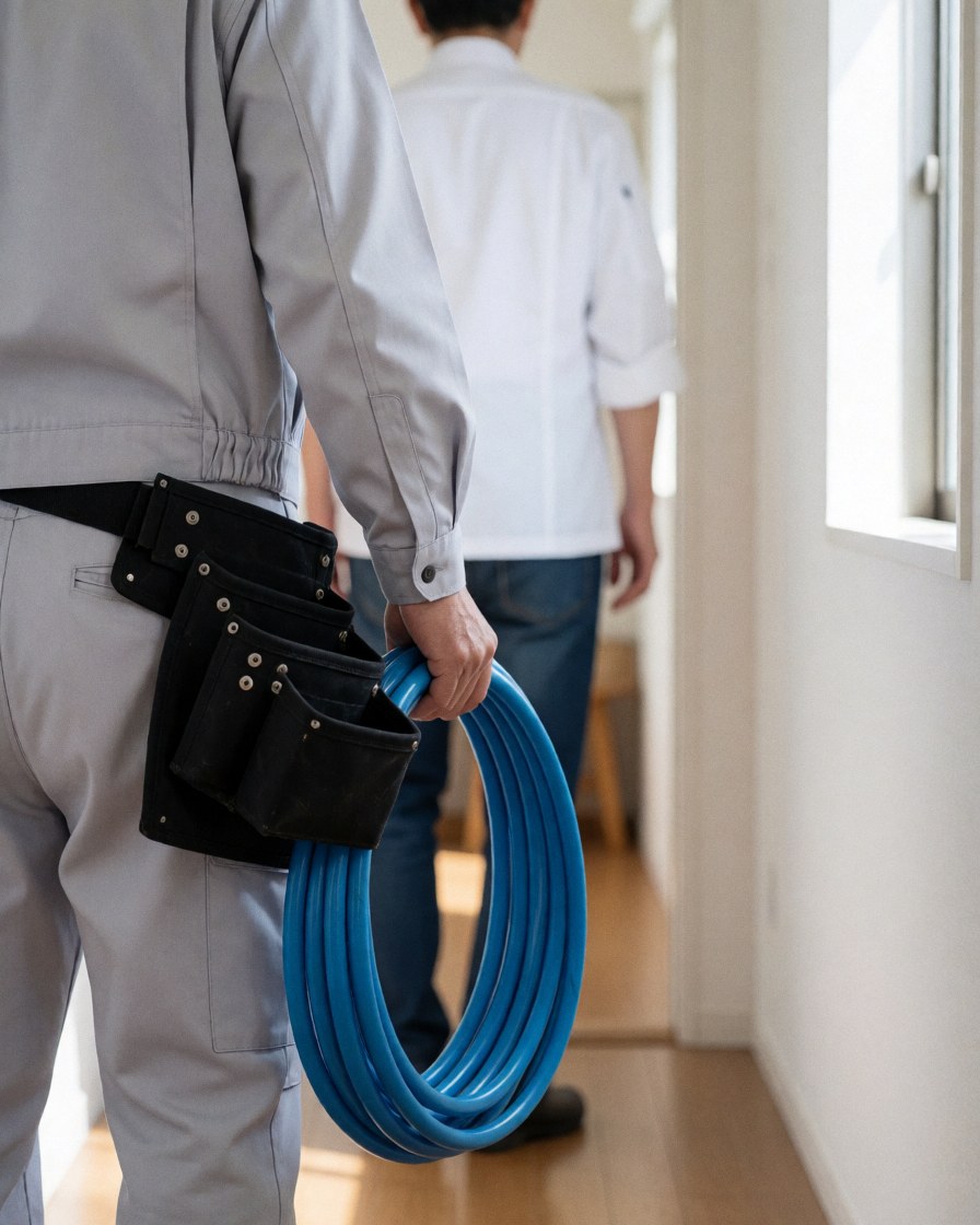 Plumber with tool belt carrying blue PVC pipe down residential hallway with natural light
