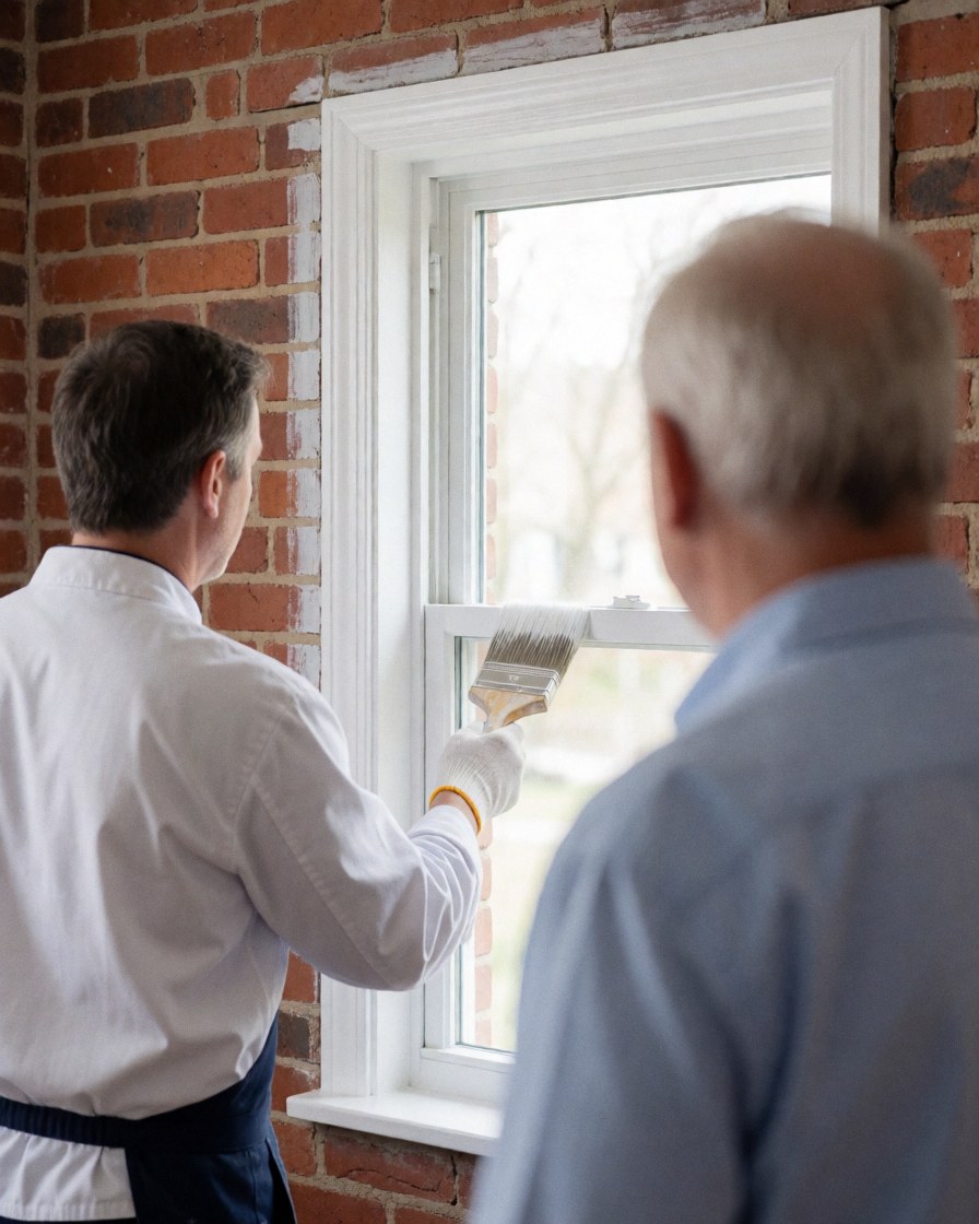 Close-up of a gloved hand applying white paint to a window frame against a red brick wall during a home painting service