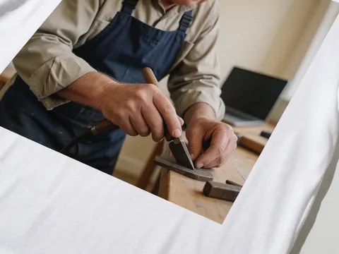 Close-up of a craftsman's hand using a cutting tool on polished wood at a workbench in a workshop with a beige wall