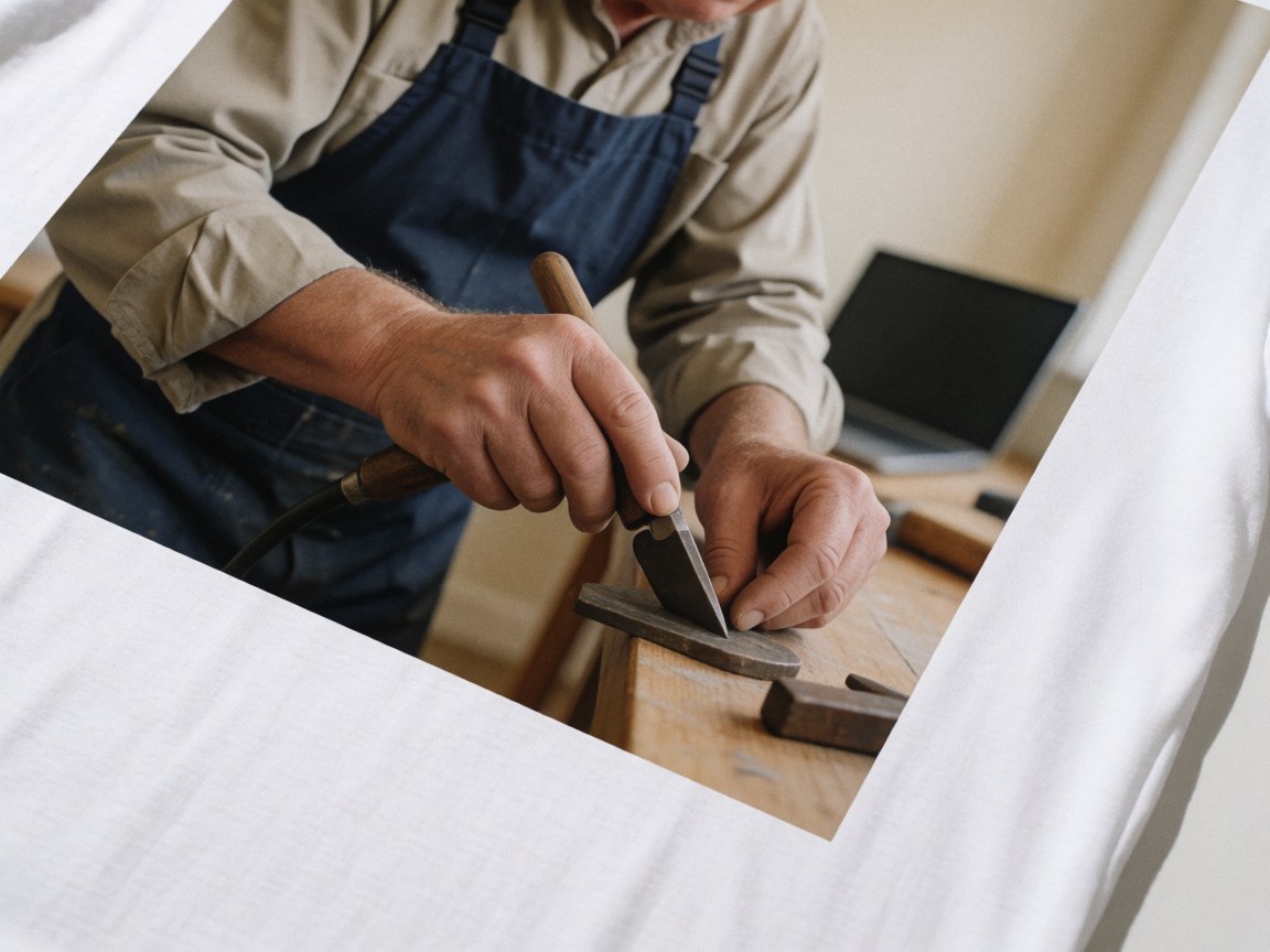 Close-up of a craftsman's hand using a cutting tool on polished wood at a workbench in a workshop with a beige wall