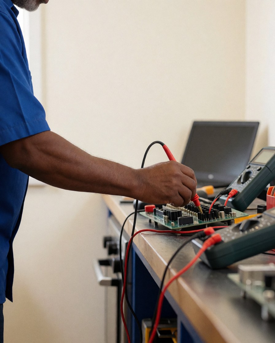 Technician measuring a circuit board with a multimeter in an electronics repair workshop with white walls and organized tools.