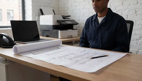 Professional reviewing architectural blueprints on wooden desk with ruler and pencil near printer and white brick wall