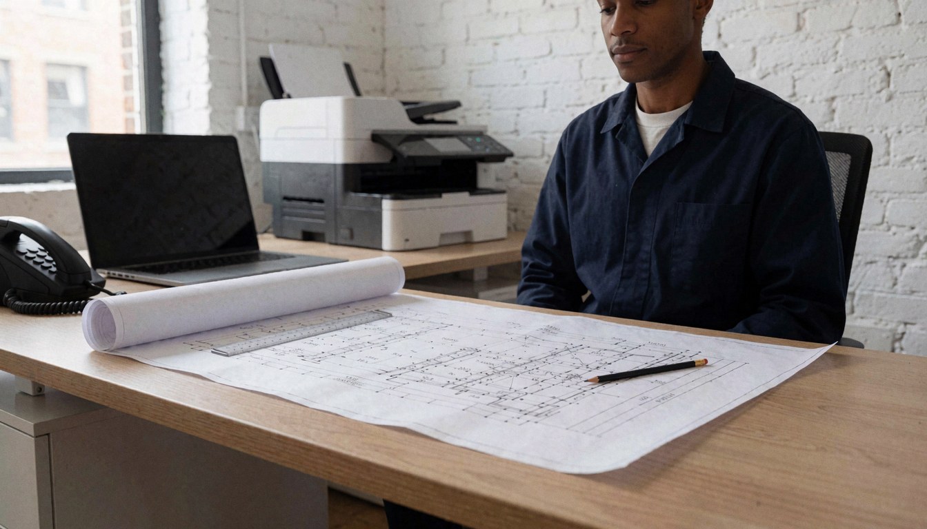 Professional reviewing architectural blueprints on wooden desk with ruler and pencil near printer and white brick wall