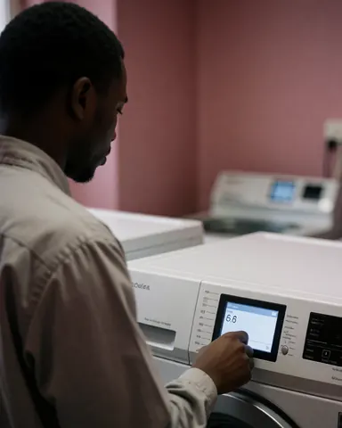 Worker checking the timer on a digital washing machine in a laundromat with pink walls, focusing on the laundry service.