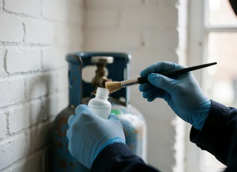 Gloved hands use a brush to apply leak detection solution to a gas fitting near a cylinder against a white brick wall.