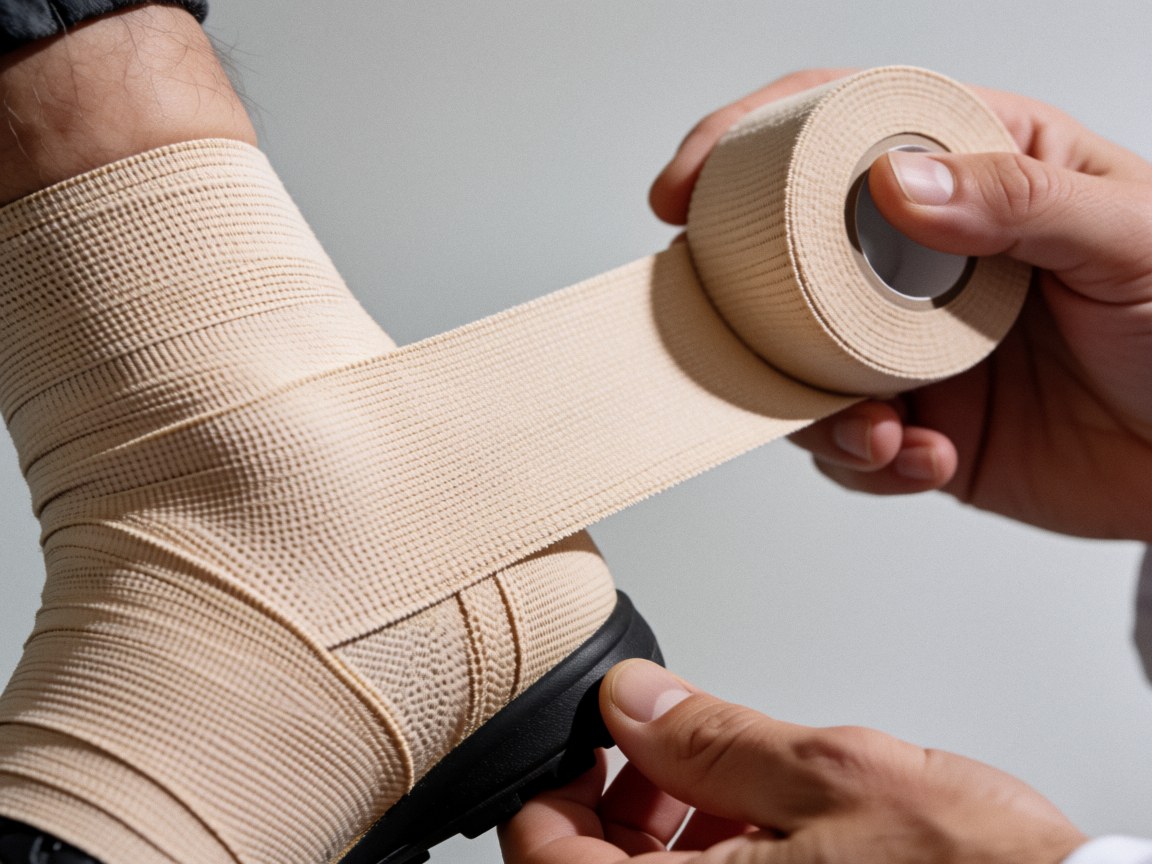 Close-up of hands applying beige sports tape to an athlete's shoe, highlighting the textured material and application technique against a clean background.