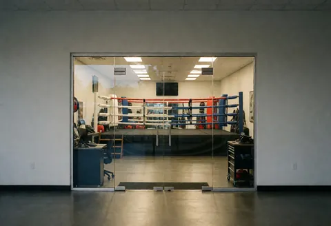 Entrance to a boxing gym featuring a visible ring, white walls, and polished floors suitable for promoting the facility.