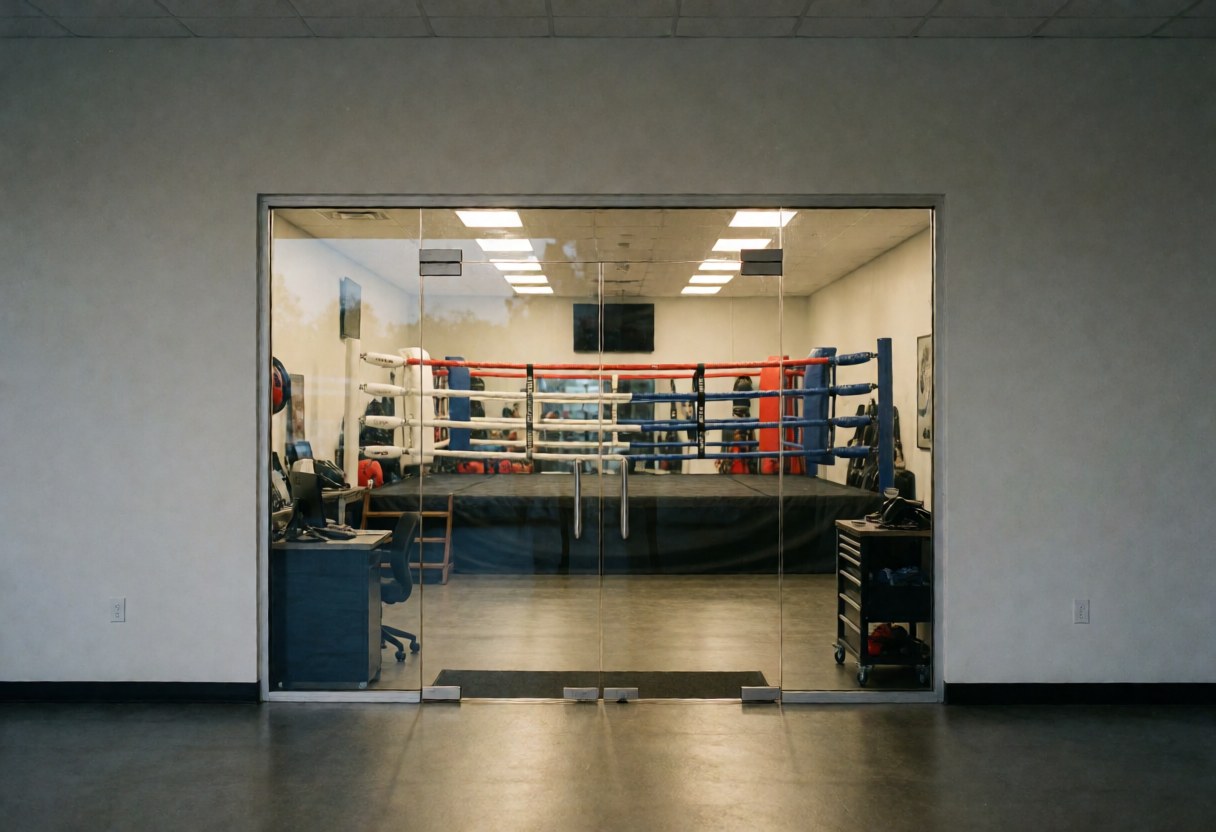 Entrance to a boxing gym featuring a visible ring, white walls, and polished floors suitable for promoting the facility.