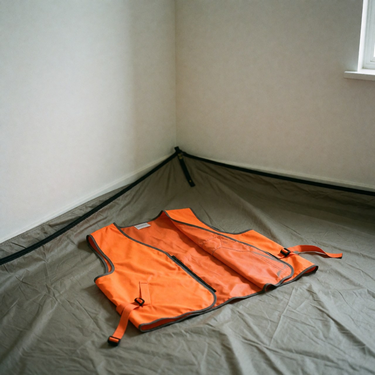 Open orange reflective safety vest lying on gray tent fabric inside a white-walled camping tent with natural lighting