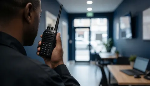 Security guard holding a communication radio in a commercial hallway with blue walls, showcasing the team.