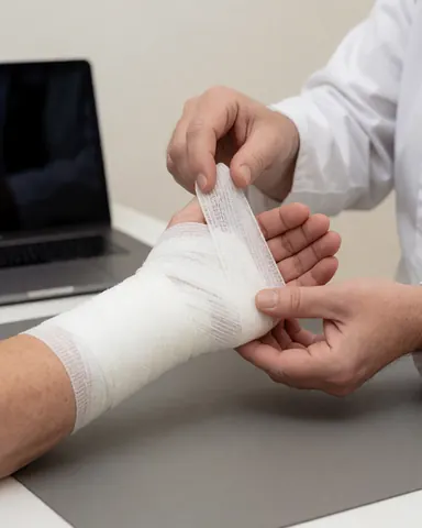 A professional wraps a client's wrist with a white elastic band on a gray table in a medical office.