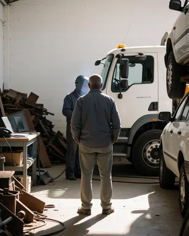 Back view of a customer watching a worker in a welding helmet near a white truck at a vehicle recycling facility