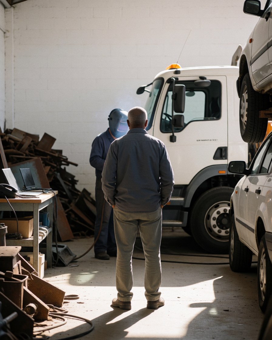 Back view of a customer watching a worker in a welding helmet near a white truck at a vehicle recycling facility