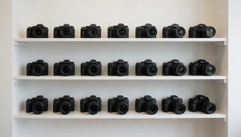 Professional cameras displayed on white shelves in a photography store with bright lighting and white walls