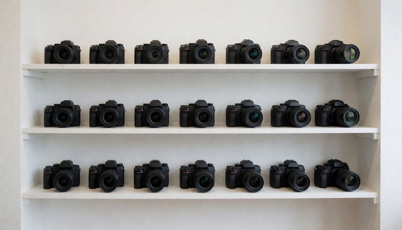Professional cameras displayed on white shelves in a photography store with bright lighting and white walls