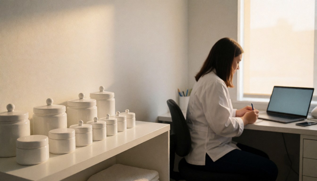 Dermatology professional writing at a desk with product jars, natural light from window, clean and professional atmosphere.