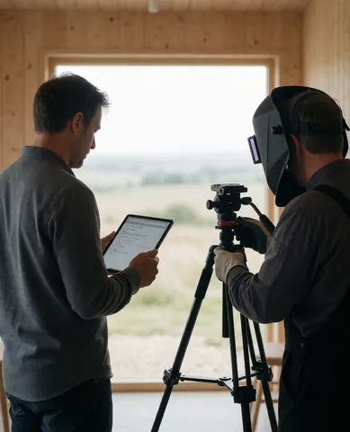 Photographer adjusting tripod while client reviews tablet with wooden walls and panoramic view during construction photography service