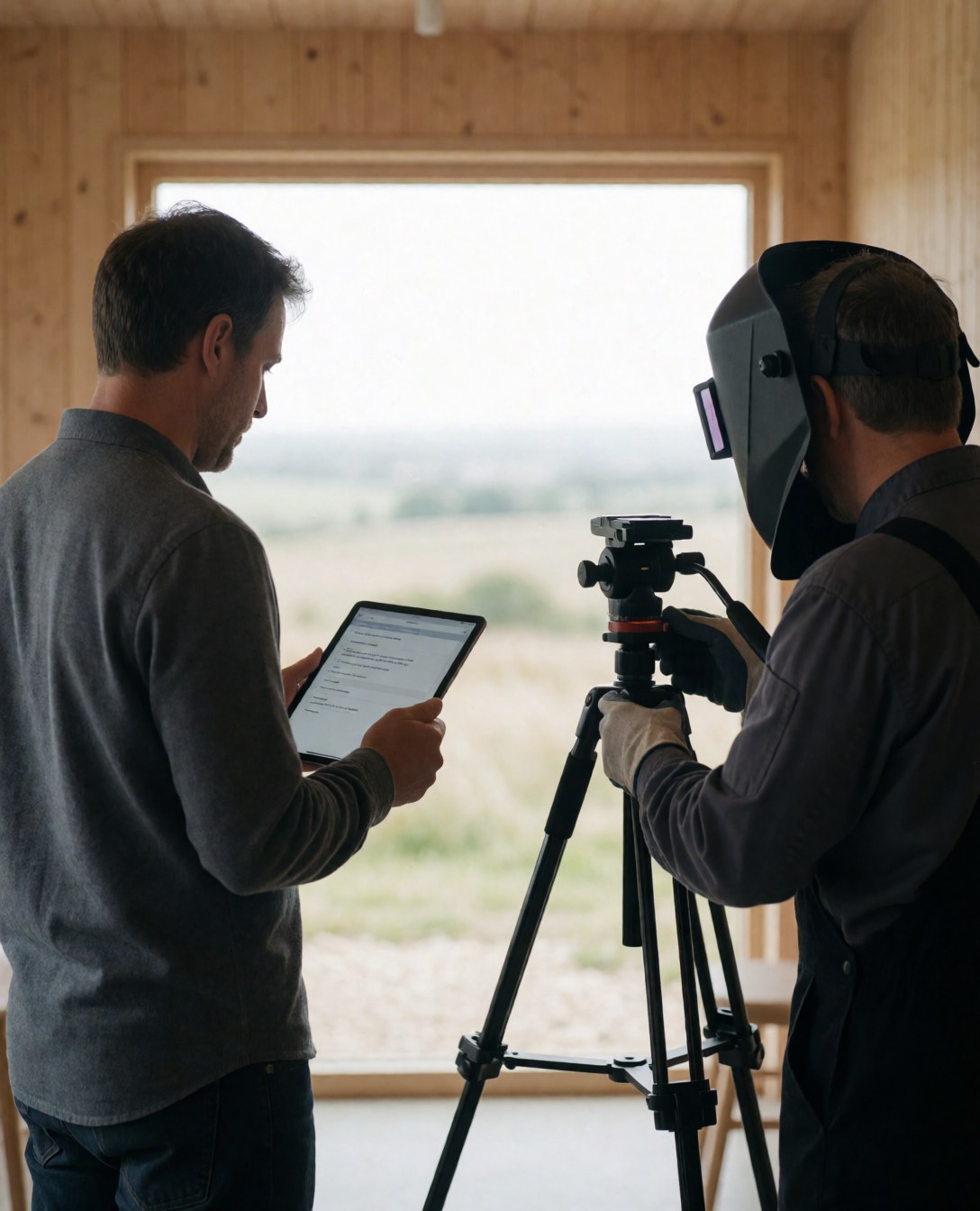 Photographer adjusting tripod while client reviews tablet with wooden walls and panoramic view during construction photography service