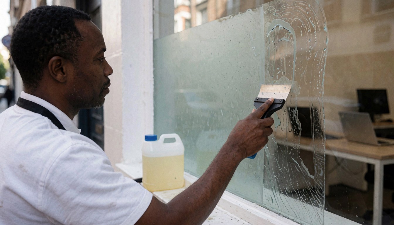 Professional window cleaner using a scraper to remove glue residue from a store window, with a solvent jar visible nearby.