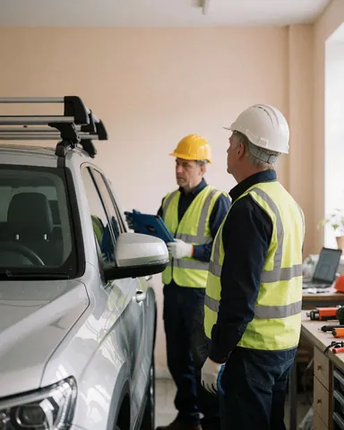Two workers wearing helmets and safety vests install roof racks on a silver SUV inside a workshop with beige walls and tools on a table.