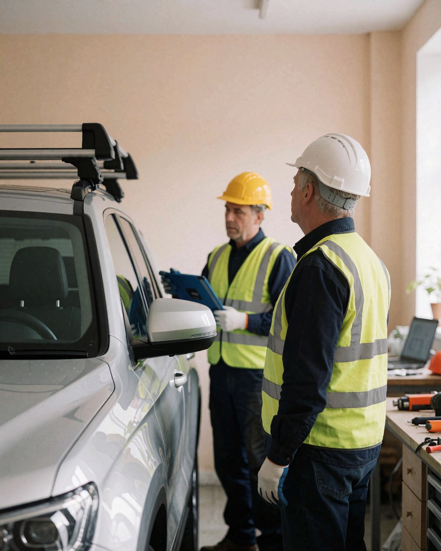 Two workers wearing helmets and safety vests install roof racks on a silver SUV inside a workshop with beige walls and tools on a table.