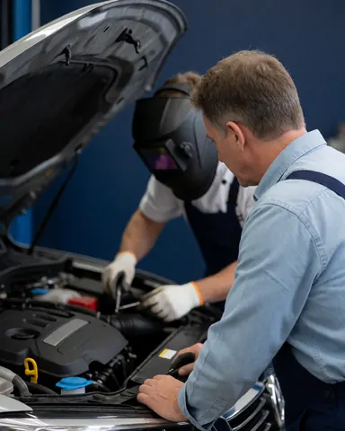 Two mechanics working on a car engine with the hood open in a workshop with blue walls