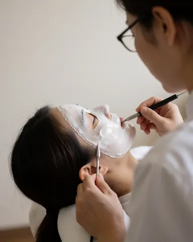 A professional applies a white hydrogel mask to a client's face in a clinical setting with white walls.