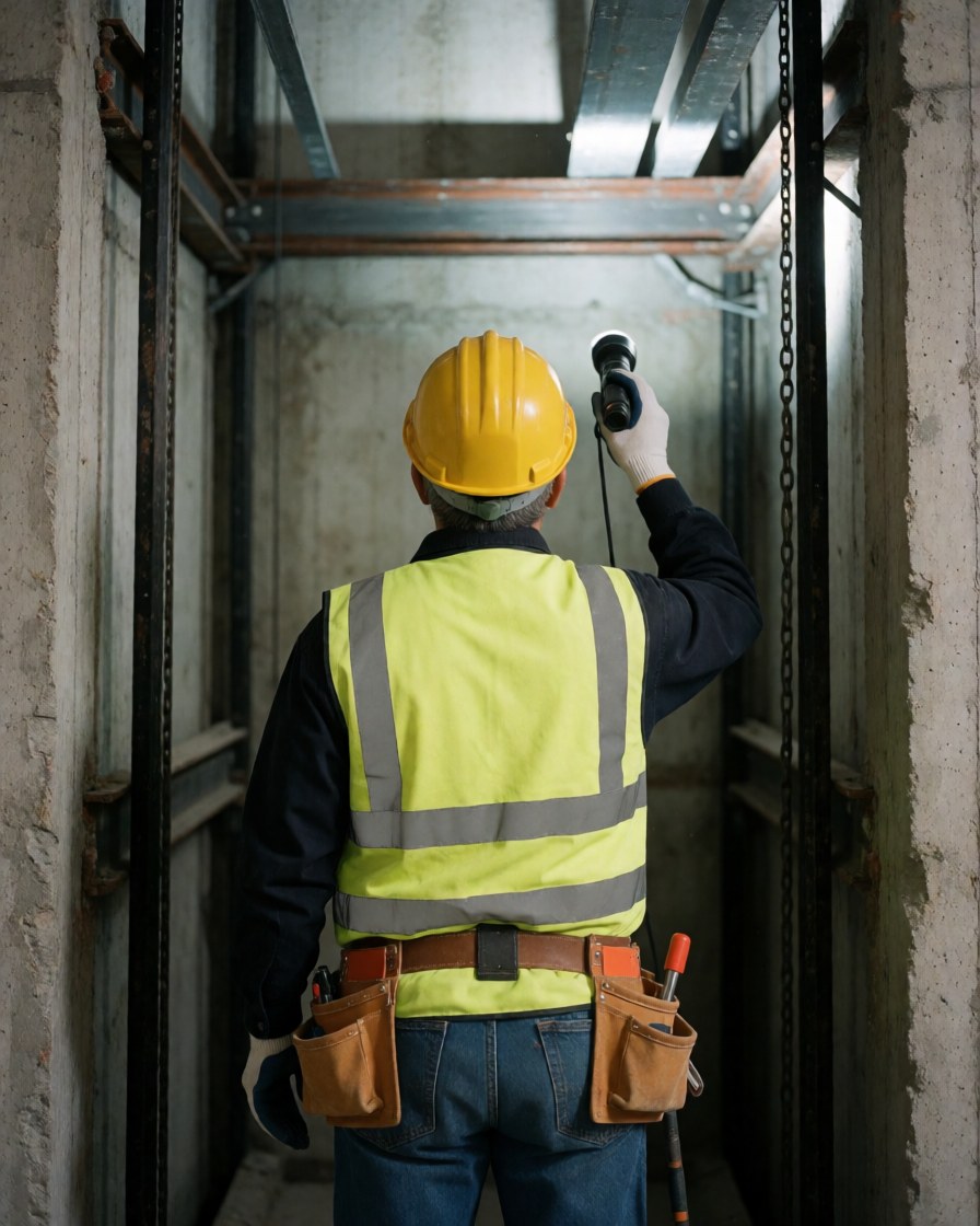 Technician wearing hard hat and safety vest illuminating metal structure inside an elevator shaft under construction.