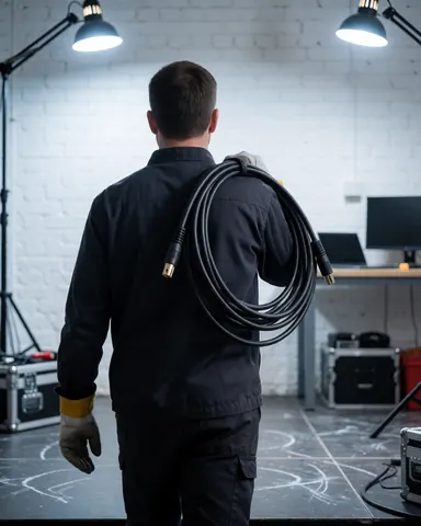 Audio technician walks across a stage carrying an XLR cable over his shoulder, with white brick walls and work lights visible in the background.