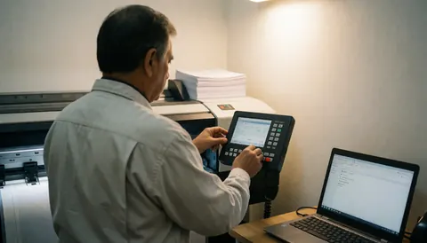 Technician adjusting a large printer controller with a laptop and paper stack on a desk in an office setting