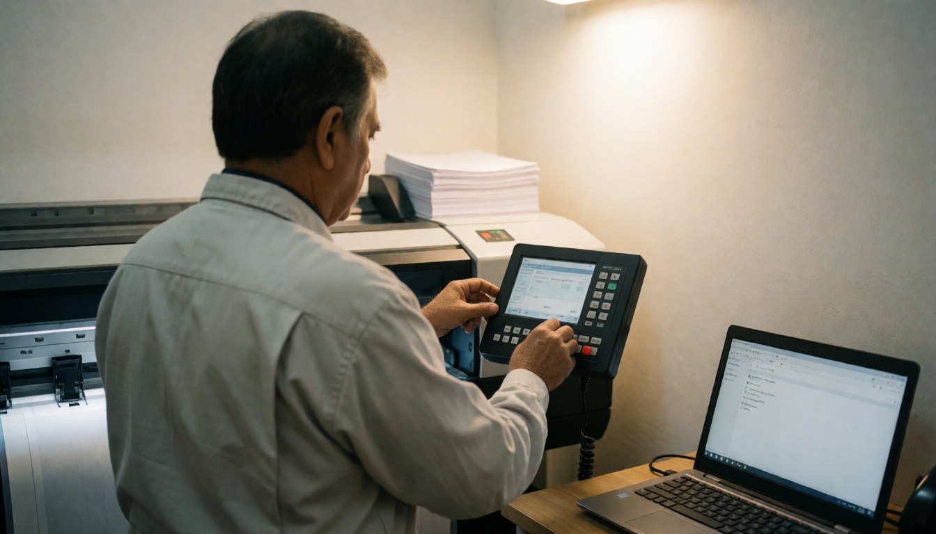Technician adjusting a large printer controller with a laptop and paper stack on a desk in an office setting