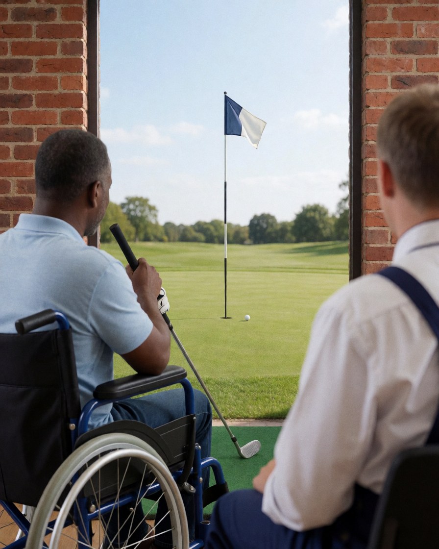 A smiling client in a wheelchair holding a golf club with an instructor nearby on a sunny golf course