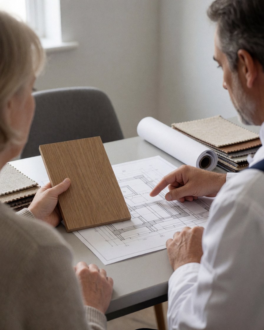 Upholsterer and client reviewing upholstery plans with a wood sample in a modern consultation.