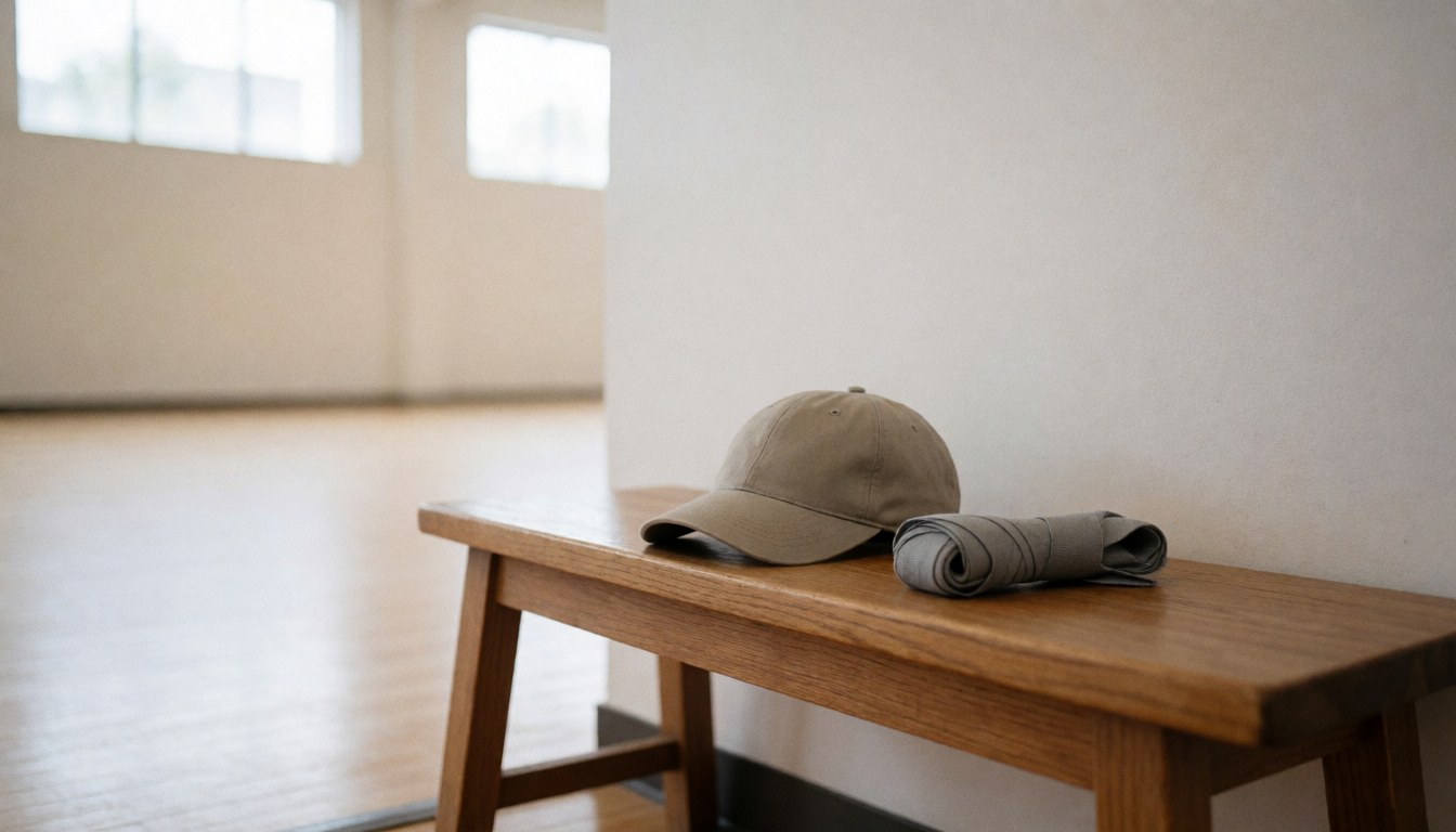 Gray baseball cap and rolled hand wraps resting on a wooden bench inside a dojo with white walls and tall windows