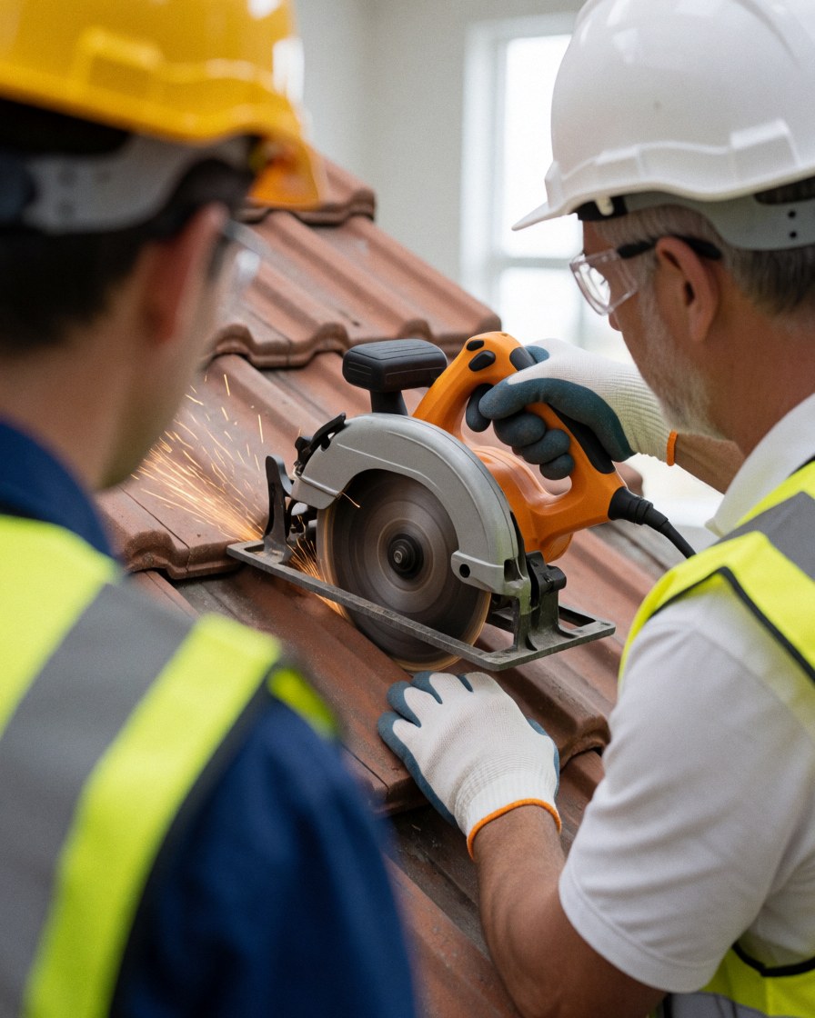 Worker wearing safety gear cuts a roof tile with a circular saw, sending sparks flying on a red tiled roof.