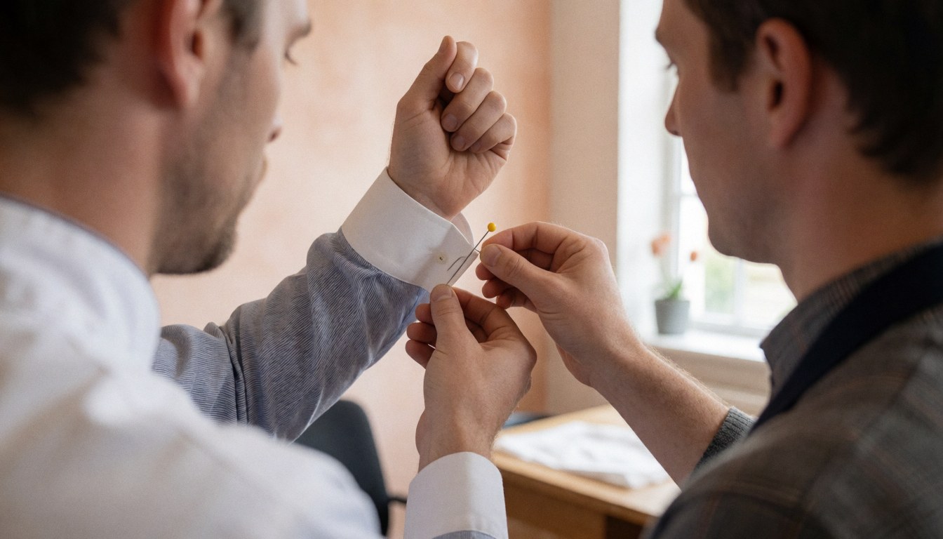 A close-up view of a hand using a fork to position a yellow pin on the sleeve of a formal shirt in a well-lit sewing workshop.