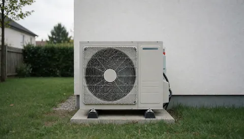 Outdoor heating unit on concrete base in residential garden near house wall under cloudy sky