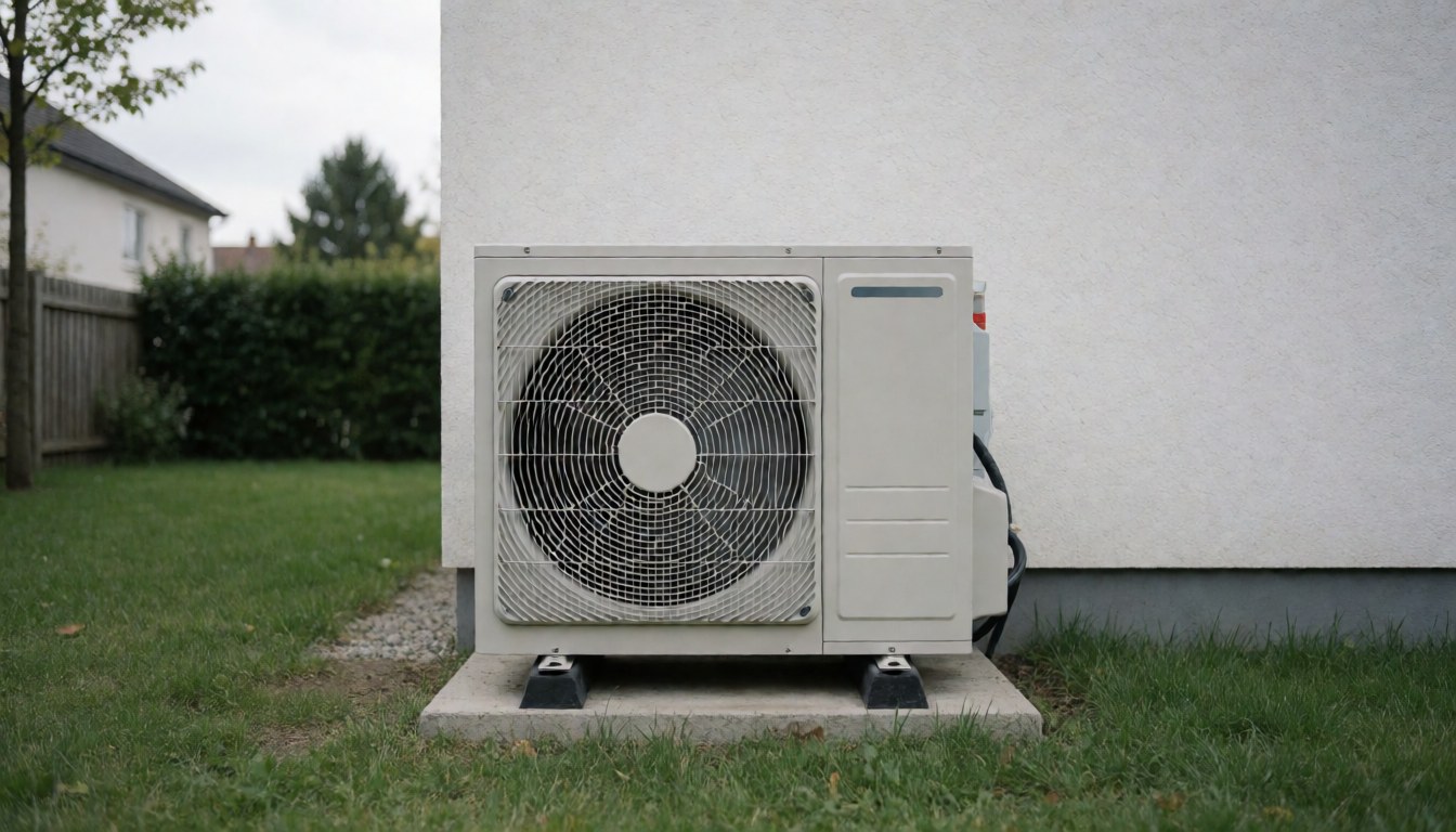 Outdoor heating unit on concrete base in residential garden near house wall under cloudy sky