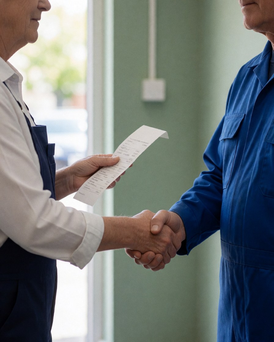 Mechanic shaking hands with a customer in a motorcycle shop while the customer holds a receipt near a green wall with natural light