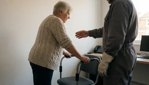 A personal trainer helps an older woman lift her leg while using a balance chair in a well-lit indoor training room.
