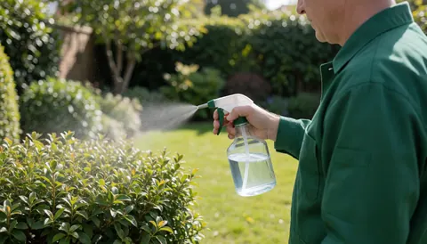 A gardener uses a sprayer to apply fertilizer to plants in a well-maintained garden.